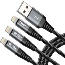 Dasku Lightning Cable 3ft 3Pack Nylon Braided Heavy Duty iPhone Charger Cord Black Compatible with 14/13 / 12/11 Pro Max/X/Xs Max/Xr /8 Plus/ 7 6S Plu