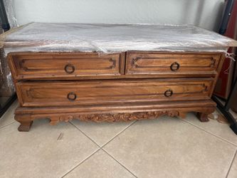 Carved Wood Low Dresser with Ring Pulls