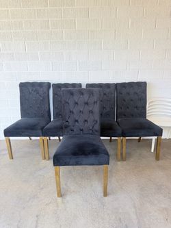 Set of 5 Black Velvet Tufted Dining Chairs with Gold Legs