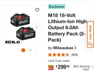 Milwaukee M18 18V 6.0Ah Battery Pack 2-Pack