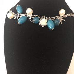Bracelet Silver Tone With Acrylic Blue Beads And Pearls