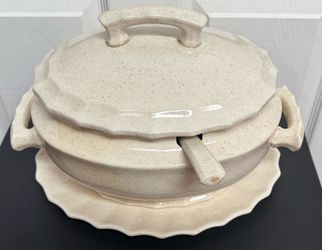Vintage Mid-Century Speckled Ceramic Soup Tureen Set Lid (chip inside) Ladle & Underplate just $25