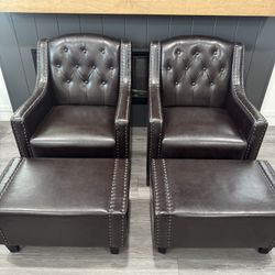2 Leather Chairs w/ Ottomans