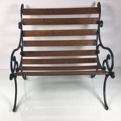 LITTLE MINIATURE BENCH  19” HIGH 19” WIDE 19” DEEP  MATERIAL: CAST IRON AND WOOD EXCELLENT CONDITION  “LOCATION/HOURS OF OPERATION” RIGHTEOUS RELICS 1