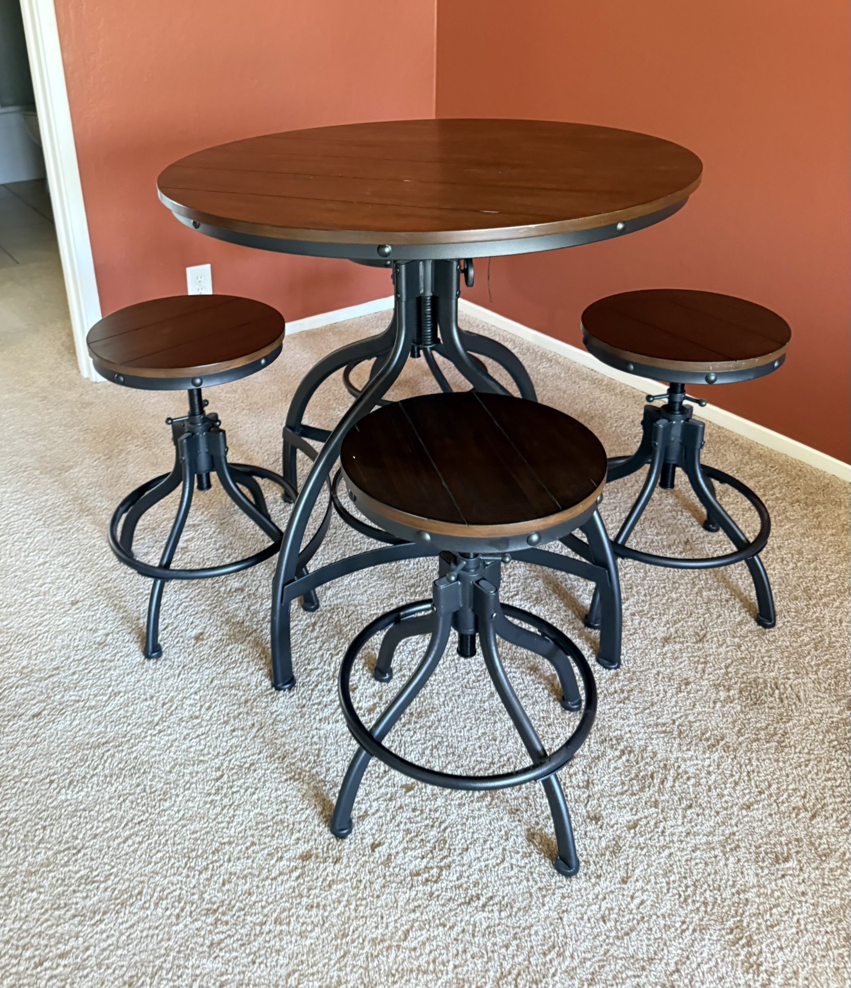 Wood And Metal Adjustable Height Dining Table And 4 Stools