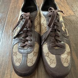 $80 Gucci Brown Leather And Guccissima Canvas Royal Sport Interlocking GG Sneakers Size 38.5
