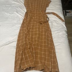 Tan Plaid Midi Wrap Dress