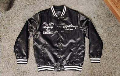 🔥Stylish🔥Mens Rue 21 "G.O.A.T." / "Legendary Est. 2015" Black Satin Varsity Bomber Jacket Size S