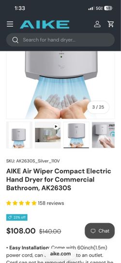 AIKE Air Wiper Compact Electric Hand Dryer for Commercial Bathroom, AK2630S