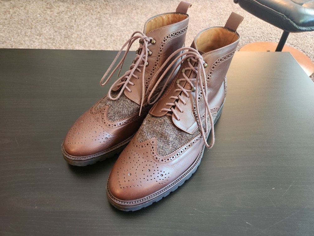$80 OBO US Men's size 9 Rooster League Military BrogueBoots Brown Calf Leather/ Tweed. Handmade in Spain.