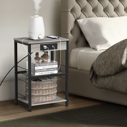 Grey Nightstand with Charging Station Bedroom End Tables with USB Ports and Outlets 3 Tier Bed Side Table with Storage Shelves Farmhouse Night Stand w