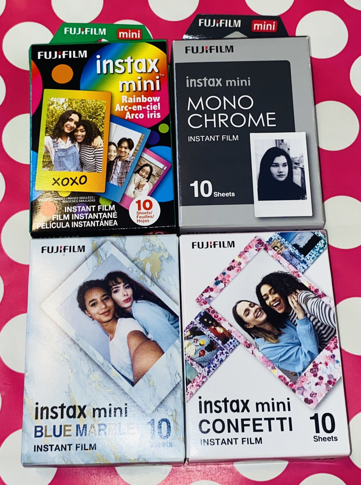 4 SET FUJIFILM INSTAX MINI FILMS W: 10 SHEET🌈⚫️💎🎉🎞️RAINBOW🌈MONO CHROME⚫️BLUE MARBLE💎CONFETTI🎉