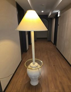 Vintage 1980s Faux Travertine Ceramic Urn Floor Lamp Postmodern Brass Ring