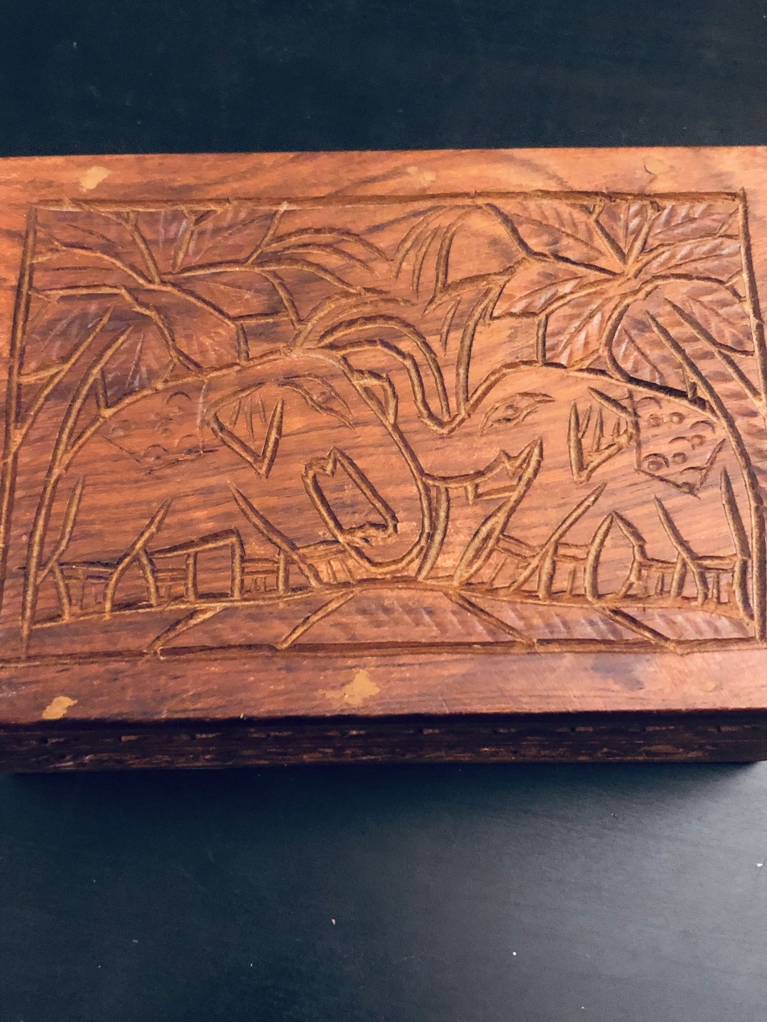Vintage Hand Carved Wooden Box With Two Elephant Carved
