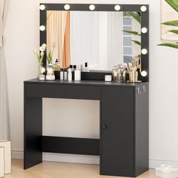 HOME BI Vanity Desk with HD Mirror & Lights – Black