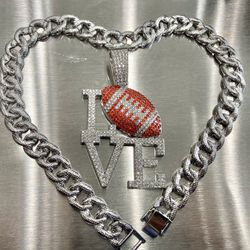 Love football rhinestone pendant & 18” cuban chain, longer chain length is available.