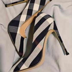 New 4inch Stiletto Navy Plaid Canvas Heels Sz 6