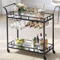 Black Metal & Mirrored Bar Cart – Wine & Glass Storage - $50 (Harlem / Morningside)