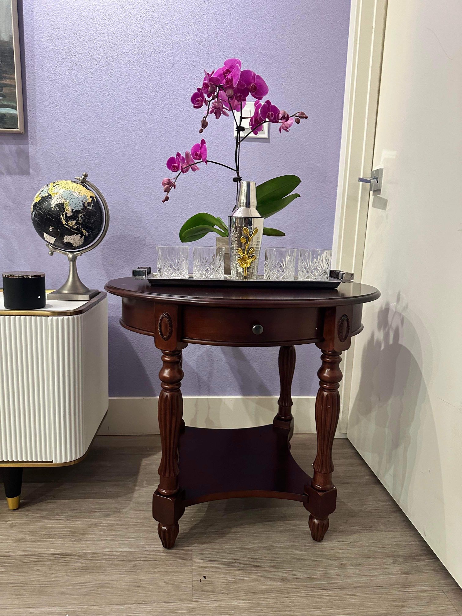 Solid Wood End Table with Drawer, Oval Sofa Side Table, Storage Shelf, Corner Table, Cherry walnut E-13