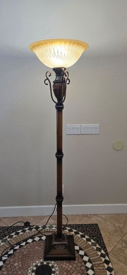 Traditional Bronze Torchiere Floor Lamp with Frosted Glass Shade