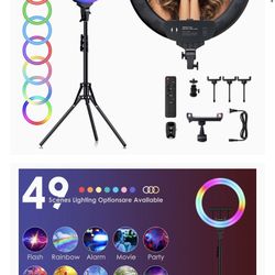 RGB Ring Light 18 Inch with Stand, Selfie Ring Light 55W 3000K-6500K, Dimmable LED Ring Light with 75‘’ Tripod Stand and Phone iPad Holder, Circle Rin