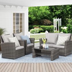 4 Piece Outdoor Patio Furniture Sets, Wicker Conversation Set for Porch Deck, Gray Rattan Sofa Chair with Cushion