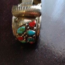 Vintage Men's Silver & Turquoise Cuff Watch Bracelet 