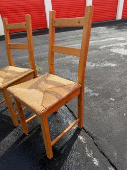 Pair of Vintage Solid Wood Dining Chairs with Woven Rush Seats