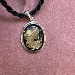 HandCarved Amber Lady Cameo Pendant, Genuine Amber From Poland, Sterling Silver, Necklace/Cord Not Included