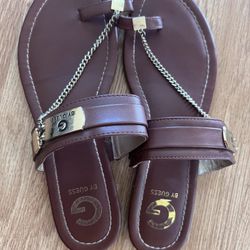 Guess Sandals Womens Size 9 Brown Gold Chain Toe Loop Flat Slide Shoes