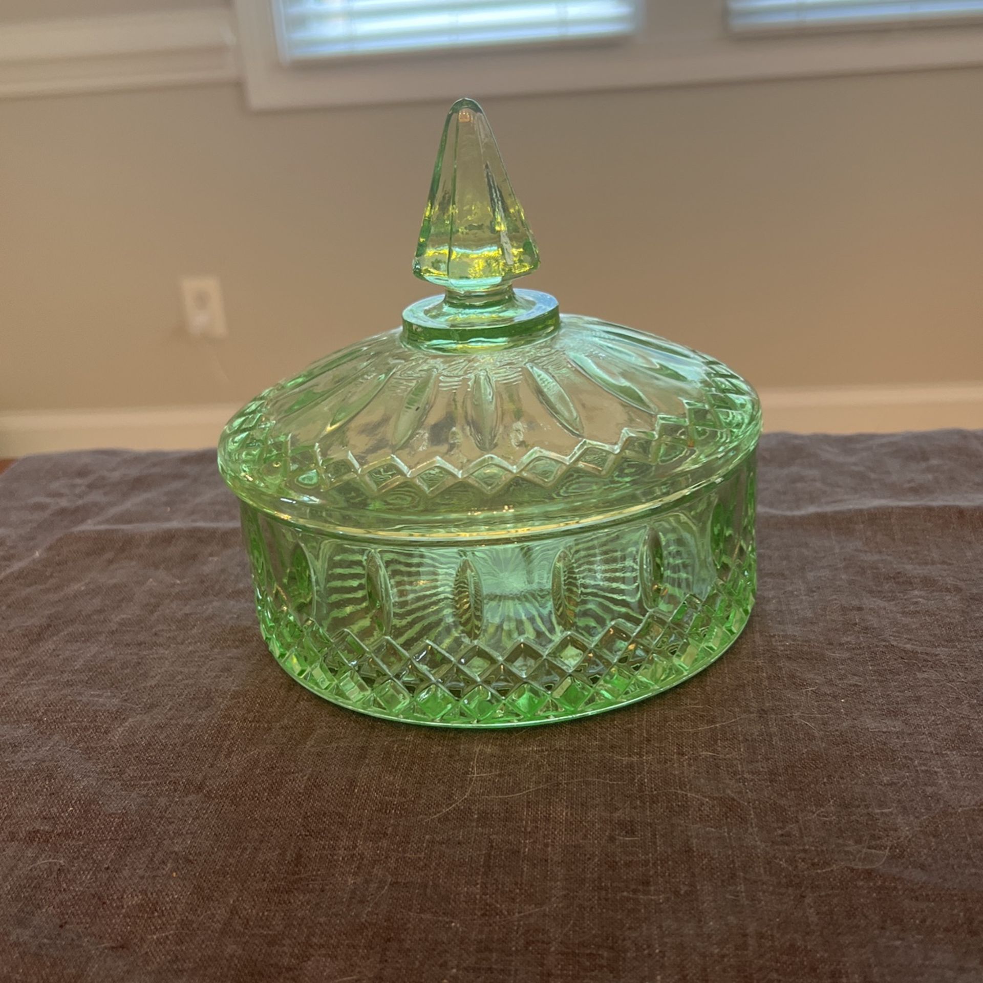 Antique Green Glass Dish With Lid