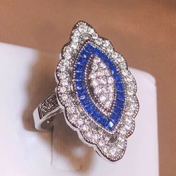 Vintage 2.35CT White Round Cut Gem & Blue Sapphire Silver Art Deco Ring - Size 7
