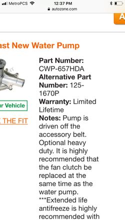 New water pump 1986-1996 Ford bronco or ford econoline E250 model number CWP-657HDA
