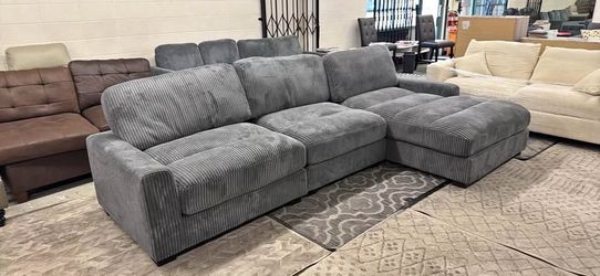 New Corduroy Sectional.  Grey Or Beige.  127” X 66”.  Free Delivery!