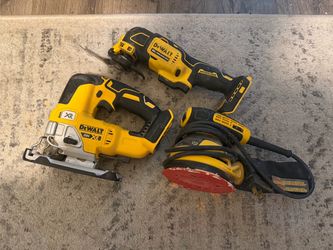 Dewalt jigsaw, multitool, and orbital sander.