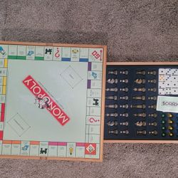 Hasbro All Wood 6 In 1 Game Center Monopoly Sorry Cribbage Chess Checker Dominoes
