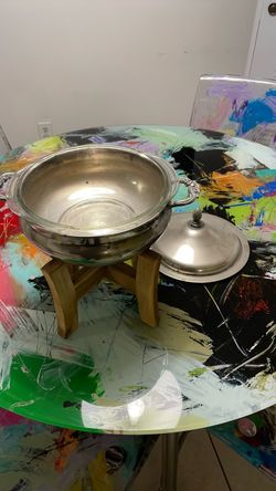 Silver Chafing Dish with Wooden Stand and Lid