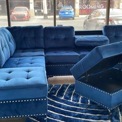 Blue Sectional Velvet Material With Storage Ottoman 