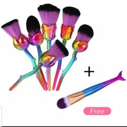 6pvs Rose shape Makeup brush set and free mermaid single foundation highliger brush