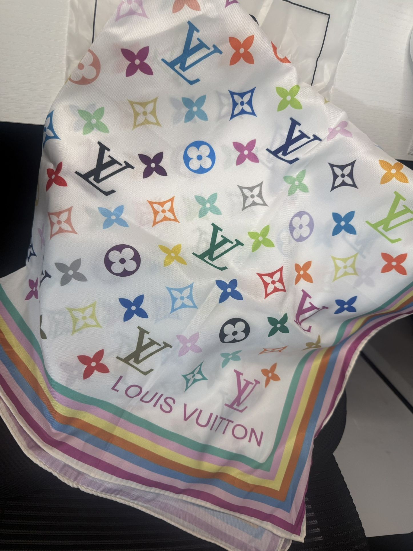 White Louis Vuitton x Takashi Murakami Square Scarf