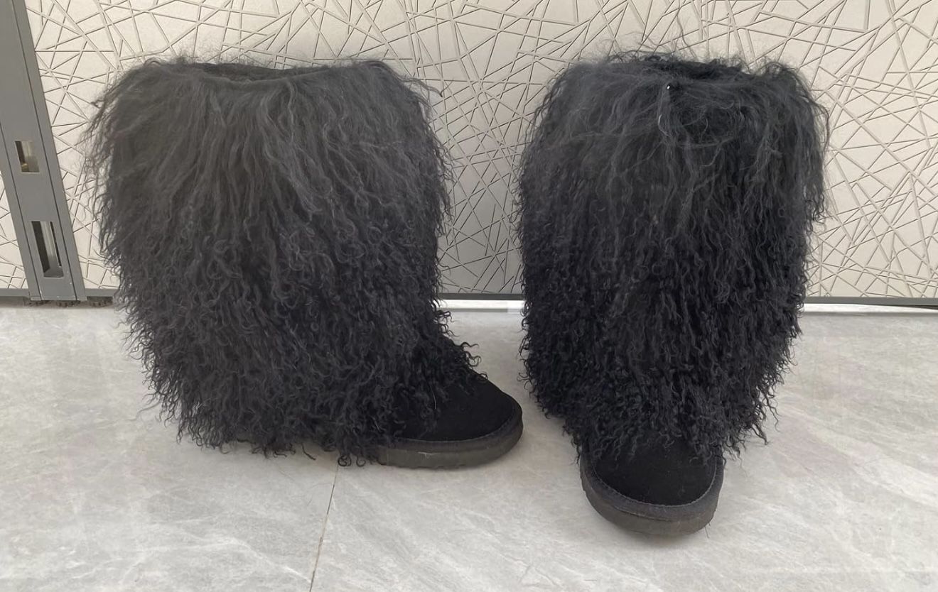 Women Mongolian Fur Boots with Real Tibetan Fluffy Furry Sheep Curly Skin Snow Boot