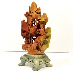 Vintage Chinese Soapstone Peacock & Lotus Flowers Sculpture Hand Carving 8”. Beautiful sculpture is in excellent condition, very rare.