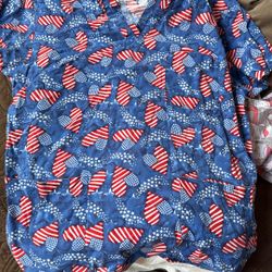 Heart Shaped American Flags Patriotic Scrub Top
