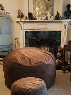 Large Brown Suede Bean Bag Chair with Ottoman