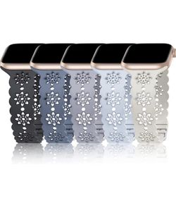 5 Pack Silicone Bands Compatible with Apple Watch Band 38mm 40mm 44mm 41mm 42mm 45mm 49mm Women, Soft Floral Lace Hollow-out Breathable Wristband Spor
