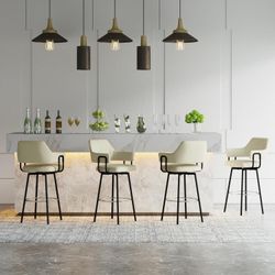 Swivel Bar Stools Set of 4, Counter Height Bar Stools with Ergonomic Full Back, Upholstered Linen Fabric Barstools (White-PU, 30" Bar Height)