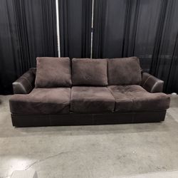 Brown Faux Leather and Plush Fabric Three-Seat Sofa
