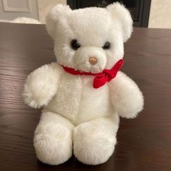 Gund Small White Bear with Red Velvet Bow Excellent Condition 1983 9” tall 