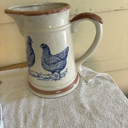 Farmhouse Kitchen Decor 2 Blue Rooster Hens Chickens Pitcher  Stoneware