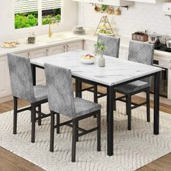 Marble Kitchen Table Set with 4 Upholstered Velvet Chairs for Home Kitchen, Living Room, Dining Room, White and Gray